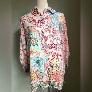 Shana Colorful Paisley Women's button up Blouse silk boho cottagecore medium red